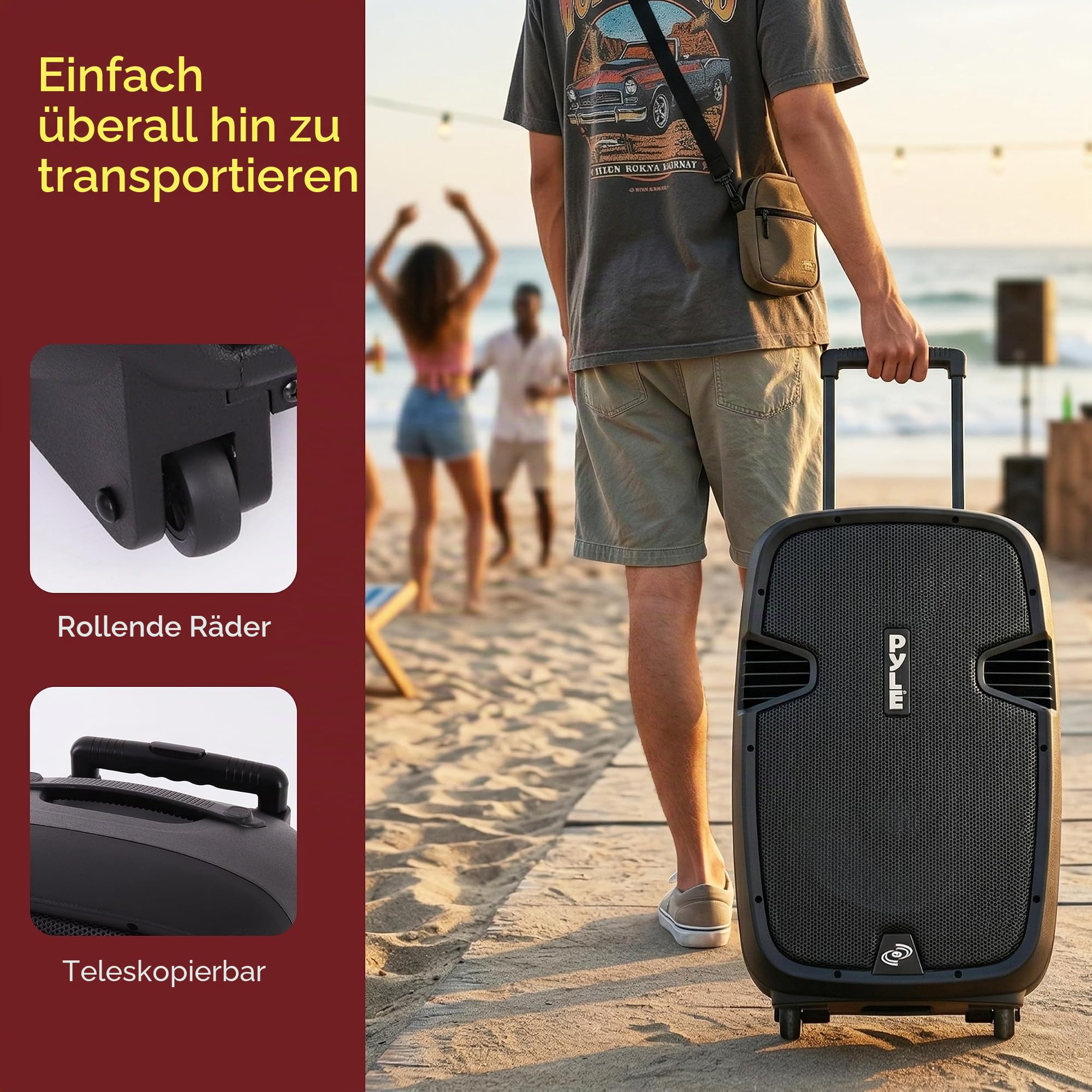 Pyle Partybox, Bluetooth Lautsprecher Groß- Trag & Rollbar, Musikbox mit 2 Mikrofone & Fernbedienung, 1600 Watt mit Eingebaute, Wiederaufladbare Batterie, Boom Box für Innenn & Aussen