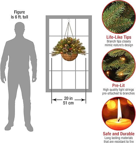 Miniatura 2 de National Tree Company - Cesta colgante de Navidad artificial preiluminada, abeto de madera de crestwood, decorada con conos de pino esmerilado,