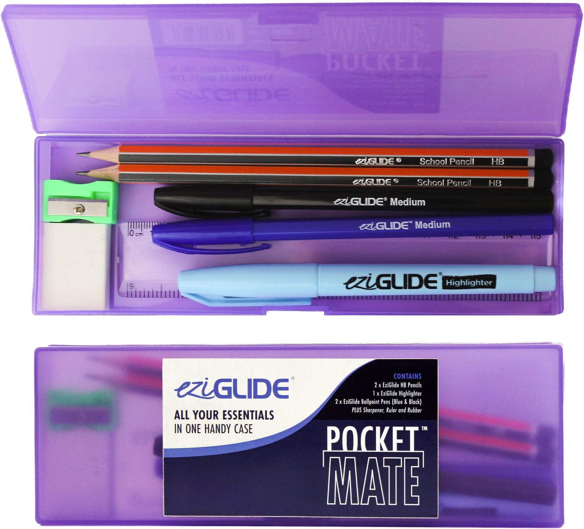 Eziglide Complete Back to School Stationery Set | Stationary Supplies | Purple Pencil Case | Ballpoint Pens, HB Pencils, Highlighter, Rubber, Sharpener, Ruler in a Sturdy Pencil Case (Purple)