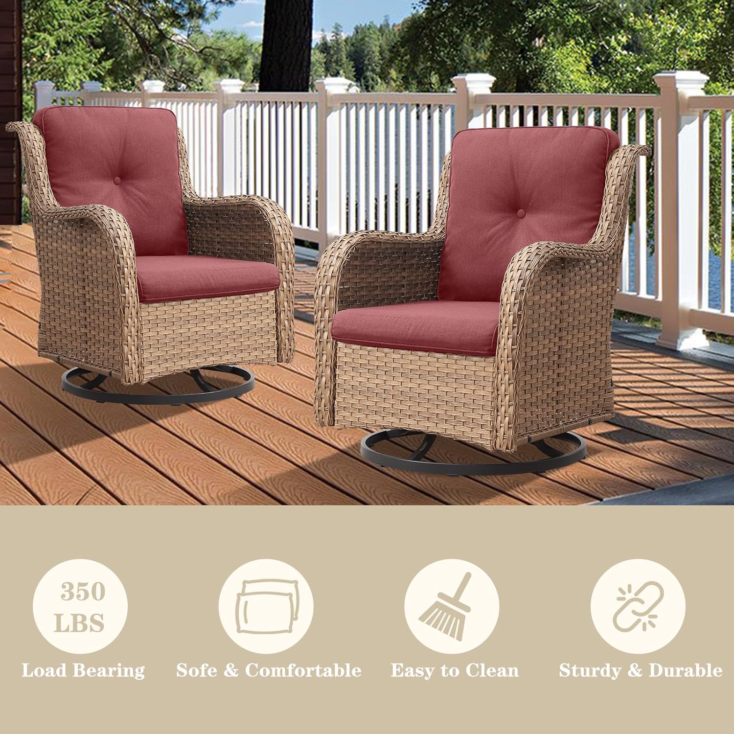 Wicker Swivel Patio Chairs - 2 PCS Outdoor Swivel Rocker Armchairs, Patio Glider Seating with High Back Deep Seat for Porch Deck Balcony - Yellow Wicker Red Cushion
