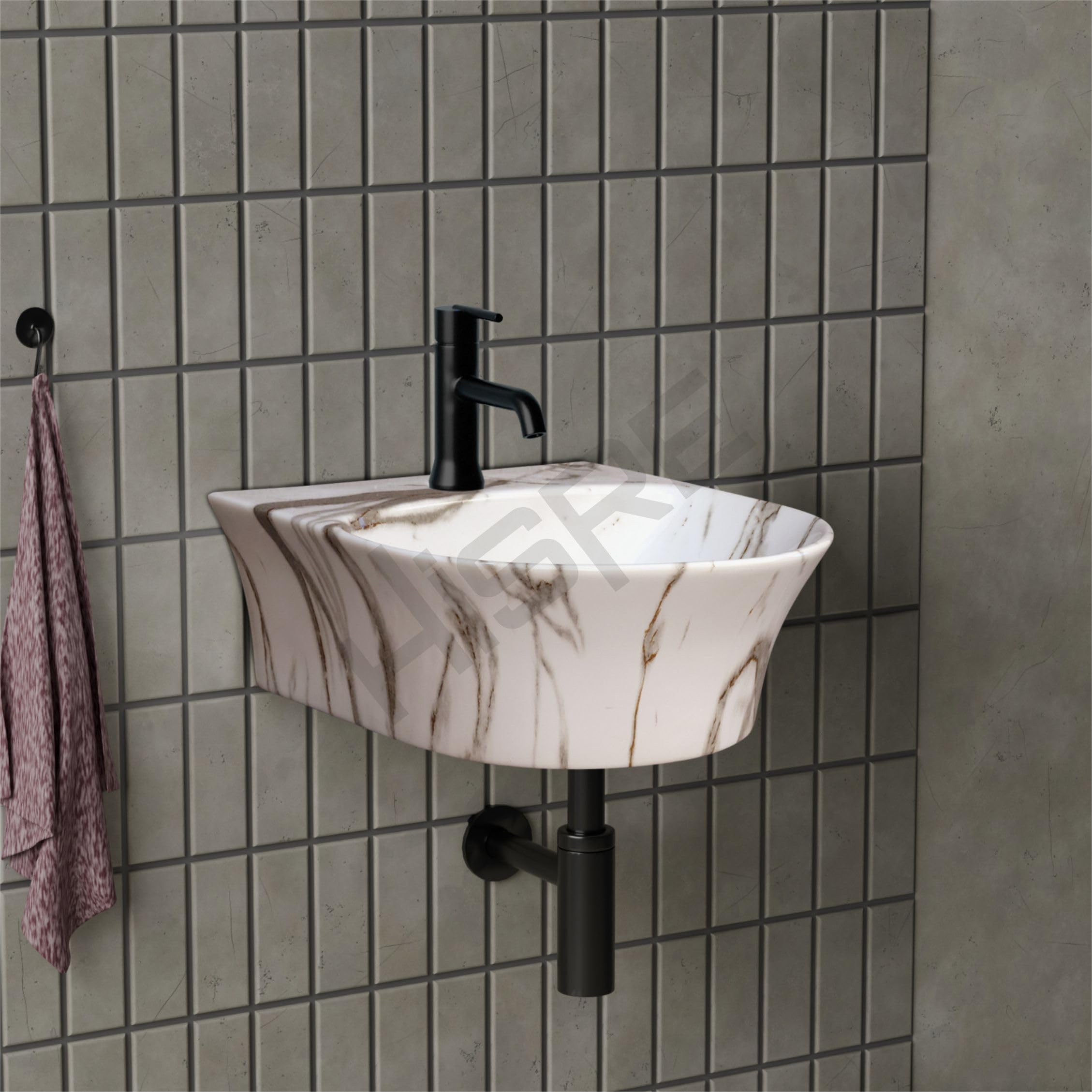 HISRE Wall Mount Wash Basin 13x14x5 Inch | Modern White and Grey Marble Design Ceramic Sink | Rectangular Bathroom Basin for Home, Office & Hotels, photo 2 of 5