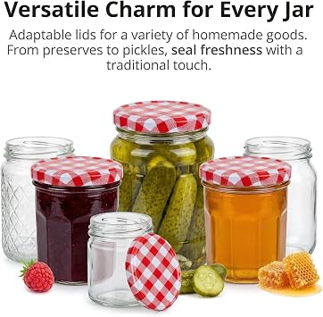 Jam jars with lids - 12 replacement screw-on lids, 63mm size, tinplate material, food grade, red checkered pattern, with lid and jam jar wax paper.
