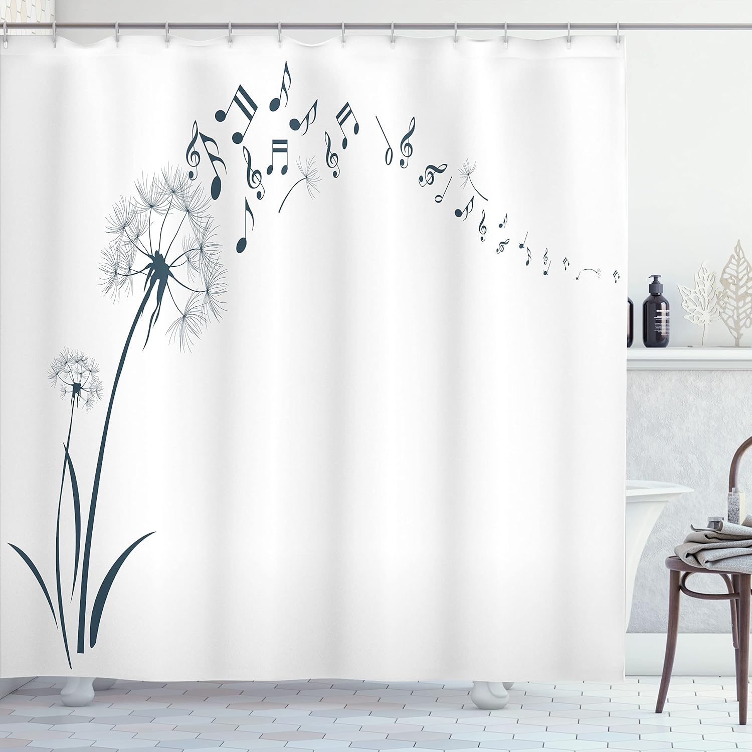 Ambesonne Music Shower Curtain, Flying Dandelions Notes Summer Spring Meadow Silhouette Softness Simple Print, Cloth Fabric Bathroom Decor Set with Hooks, 69" W x 75" L, Night Blue
