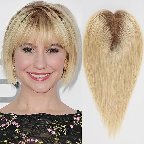 HAIRCUBE Toppers de cabello humano para mujer, 100% Remy con flequillo, 150% de densidad, base de seda con clip, 2.8 x 5.1 in, 10 pulgadas, 1.23 oz,