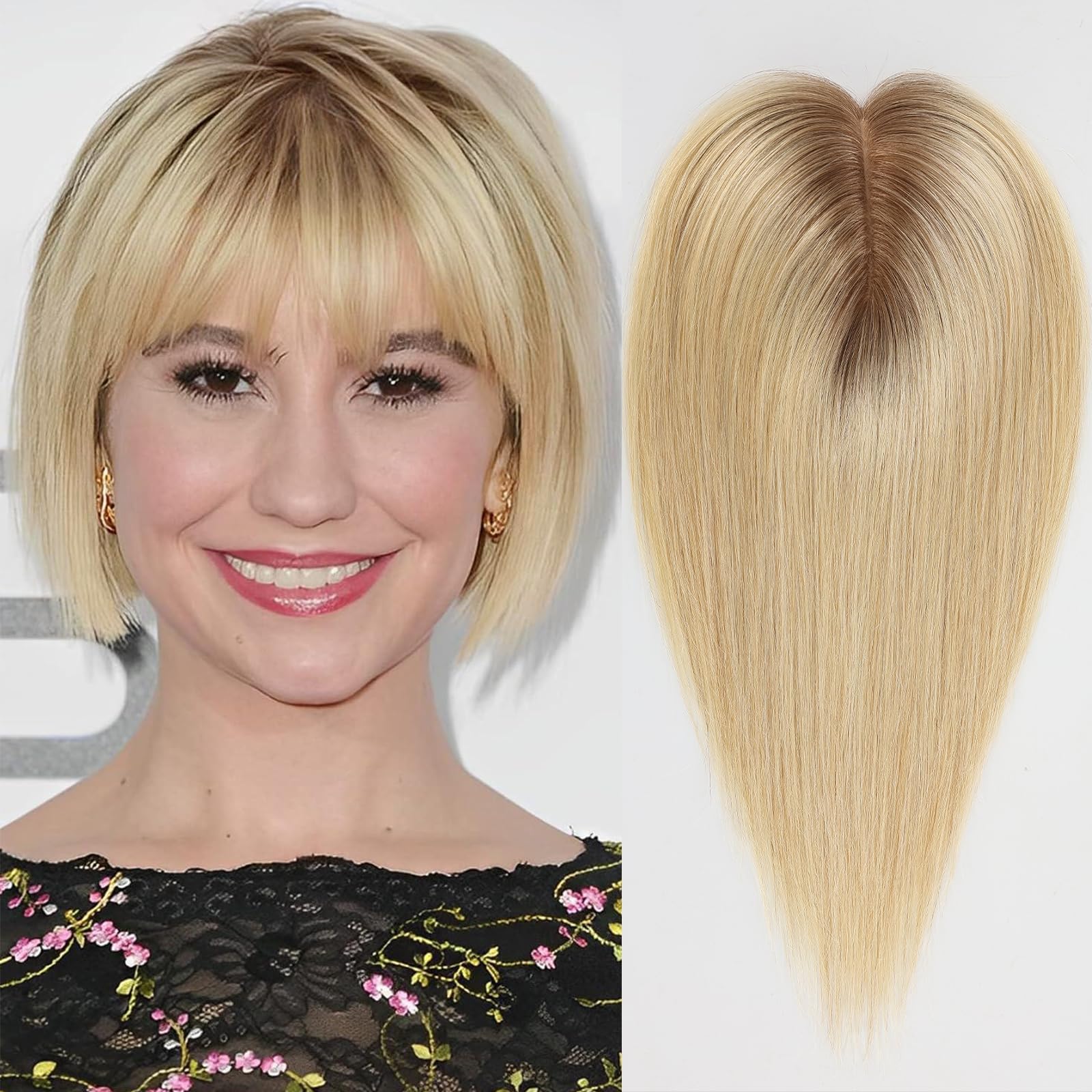HAIRCUBE Human Hair Toppers For Women, 100% Remy With Bangs, 150% Density Silk Base Clip In 7 * 13cm Topper 10 inch 35g - Ombre Light Blonde. 10 Inch-with bangs