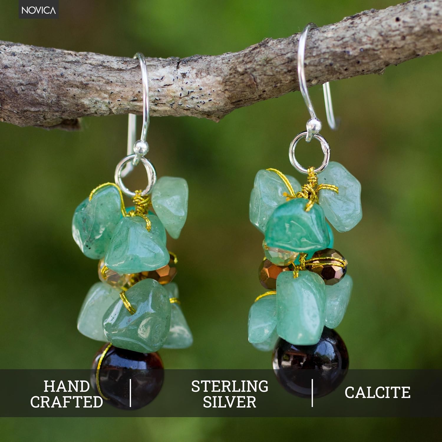 NOVICA Artisan Handmade Tigers Eye Cluster Earrings Beaded Dangle Sterling Silver Glass Calcite Quartz Turquoise Blue Green Thailand Bohemian Birthstone [1.6 in L x 0.6 in W] ' Chiang Mai Melody'