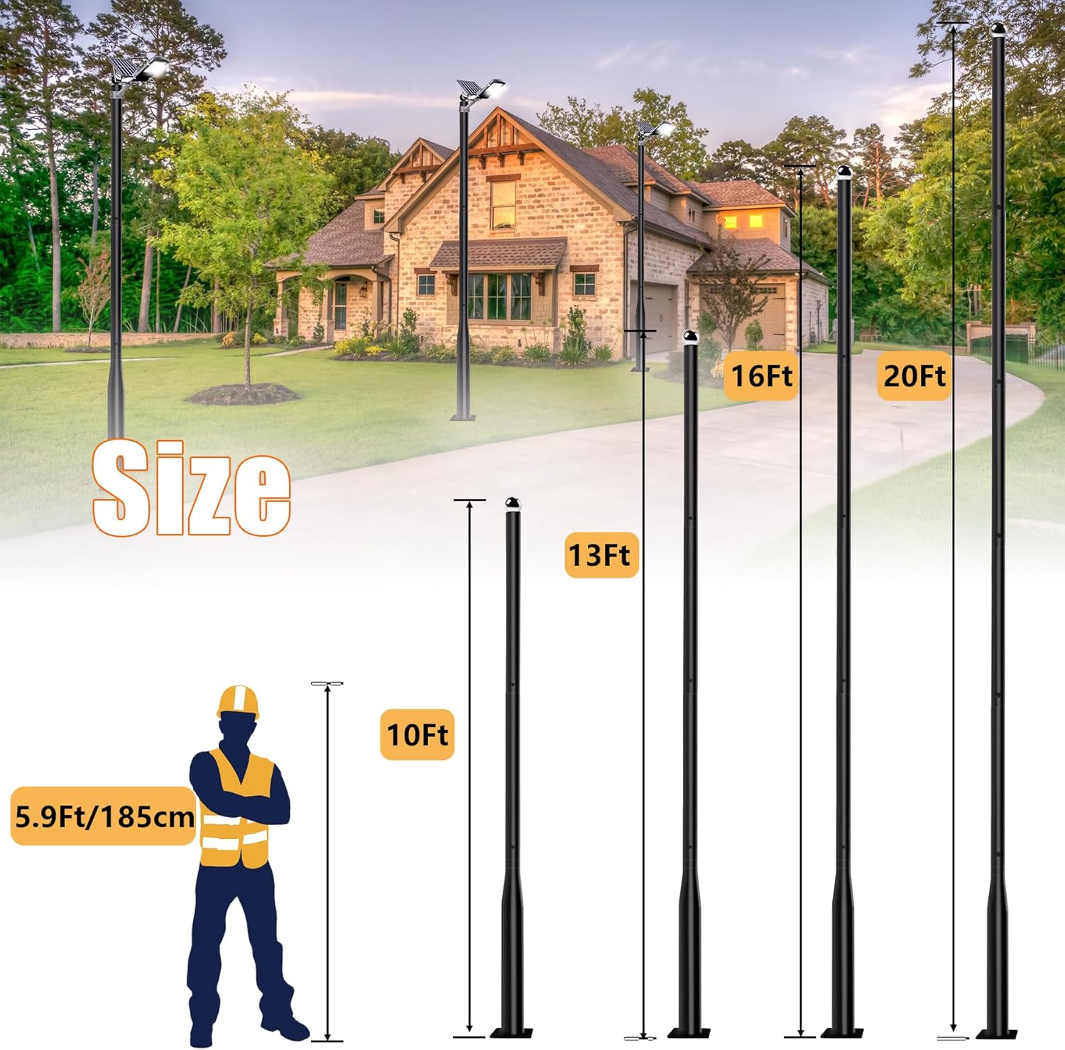 20Ft Tall Street Light Pole for Outside, Galvanized Steel Solar Street Lamp Post Perfect for Outdoor Lights Exterior Backyard Camera Porch Parking Lot with Mounting Rebar Cage(Black)