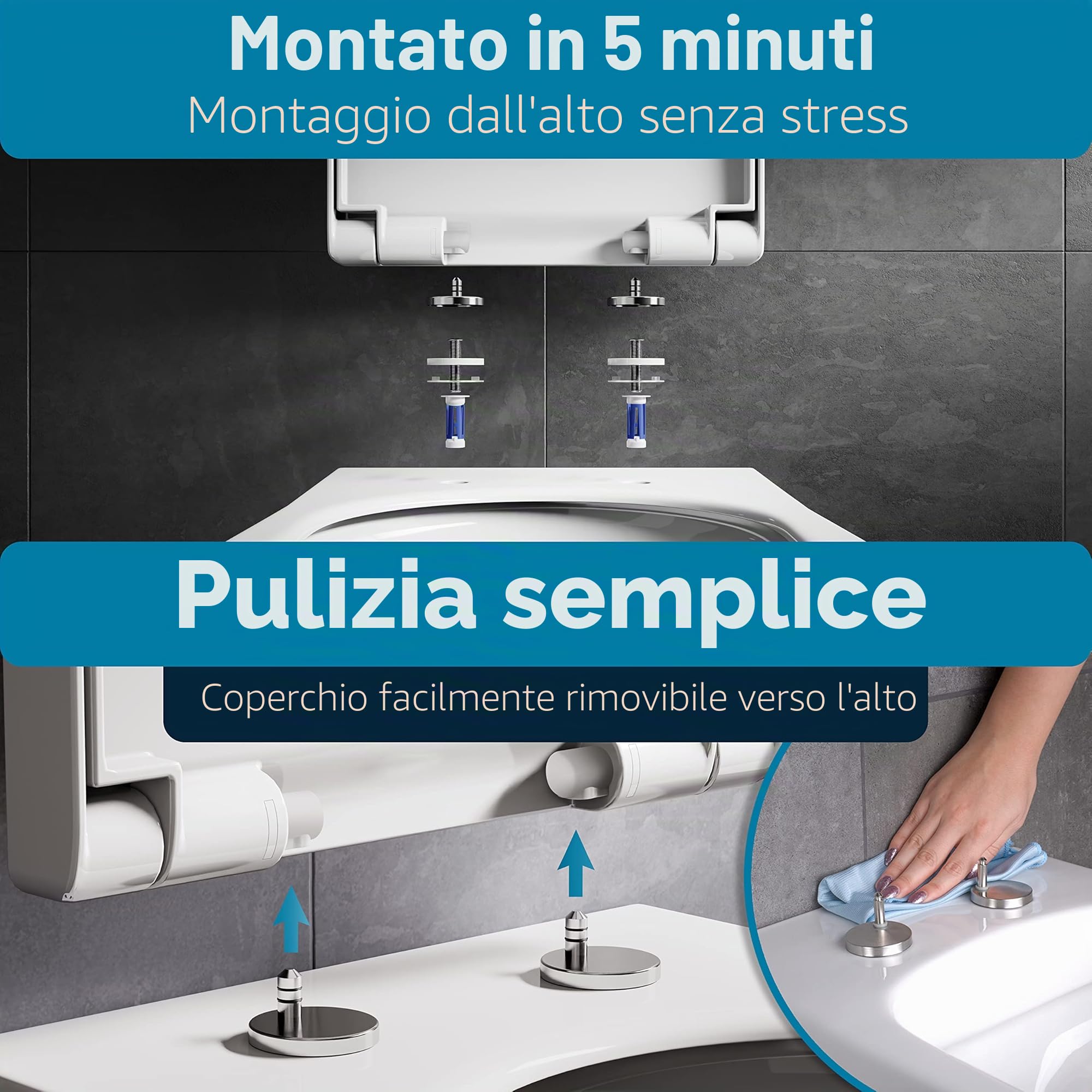 Benkstein® Coperchio WC con abbassamento automatico a forma di D bianco – sedile WC antibatterico – sgancio rapido per una facile pulizia – montaggio facile – Urea-Duroplast – rimovibile – portata