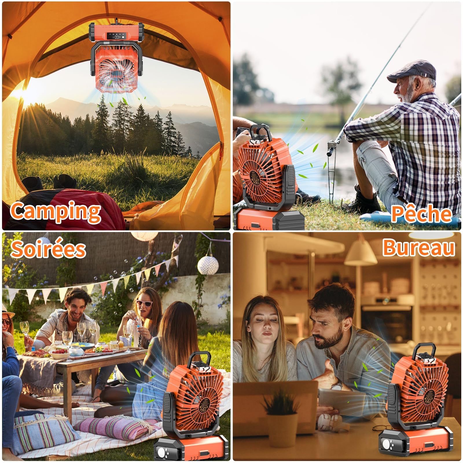 Ventilateur Camping Silencieux avec Lumière, Ventilateur Sans Fil Portable, Mist Fan Batterie Rechargeable 20000mAh avec Rotation et Minuterie, Crochet de Suspension pour Car Extérieur Bureau - Orange | Mist Fan Batterie Rechargeable 20003mAh avec Rotatio