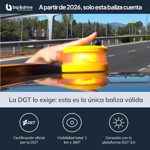 Baliza V16 Homologada DGT con Geolocalización | Luz de Emergencia Coche LED 360° 1km | Conectada Plataforma DGT 3.0 | Resistente a la Lluvia | con Indicador de Batería y Base Imantada | Bip&Drive - 2