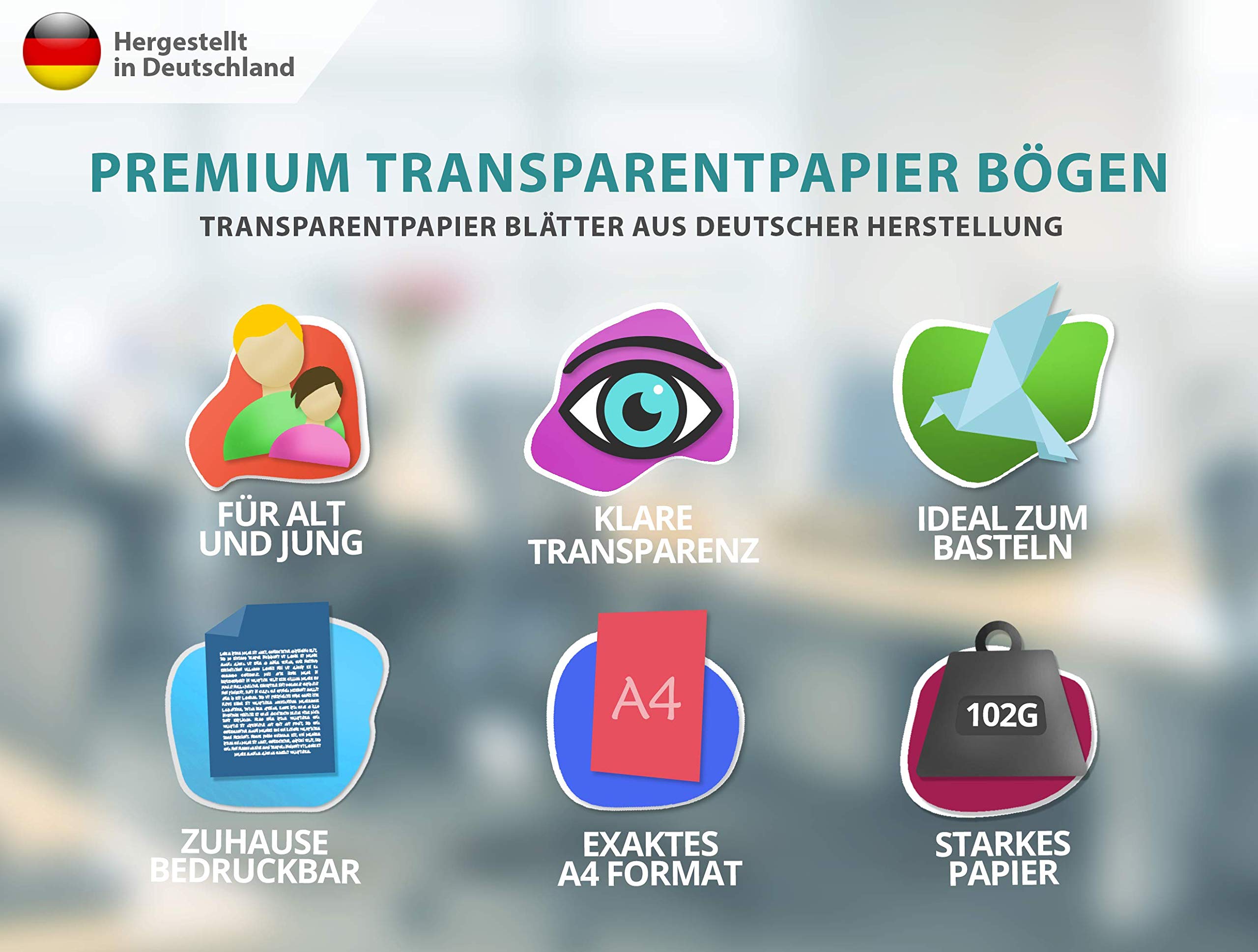 100 hojas de papel DIN A4 transparente PREMIUM 102g para autoimpresión, manualidades -papel de farolillo - de calco, película de transferencia para tarjetas de lugar linterna