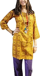 Mogul Interior Womens Cotton Tunic Dress Swastika Om Surya Orange Bohemian Shirt M