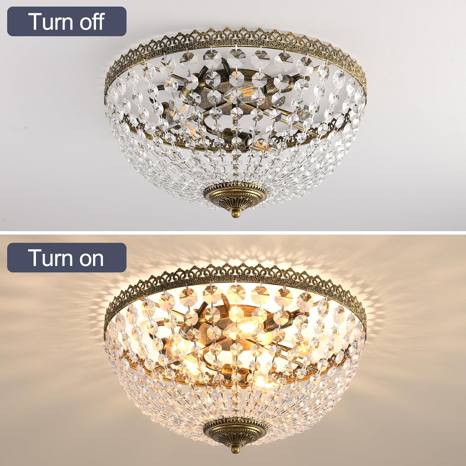 5 Lights French Empire K9 Crystal Antique Brass Flush Mount Ceiling Light Fixture Crystal Chandelier Lighting for Dining Room Entrance Hallway Bedroom Kitchen,E12 Bulbs,W18.5inch X H12.6inch