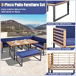 DORTALA Patio Dining Set for 8, Acacia Wood Outdoor Sectional Sofa Set with Table, 6 Sofas, Bench, Cushions for Backyard Poolside Deck, Navy