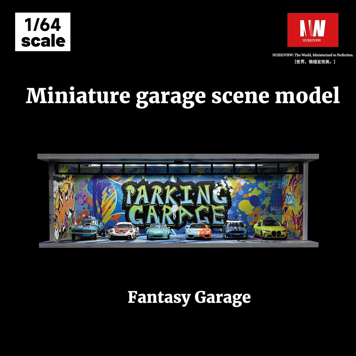 1/64 Diorama Graffiti Garage Model, Tri-Color Dimmable LED Lighting Car Parking Lot Scene Display Case,with Acrylic Dust Door, Building Model Garage, for Diecast Model Cars Display
