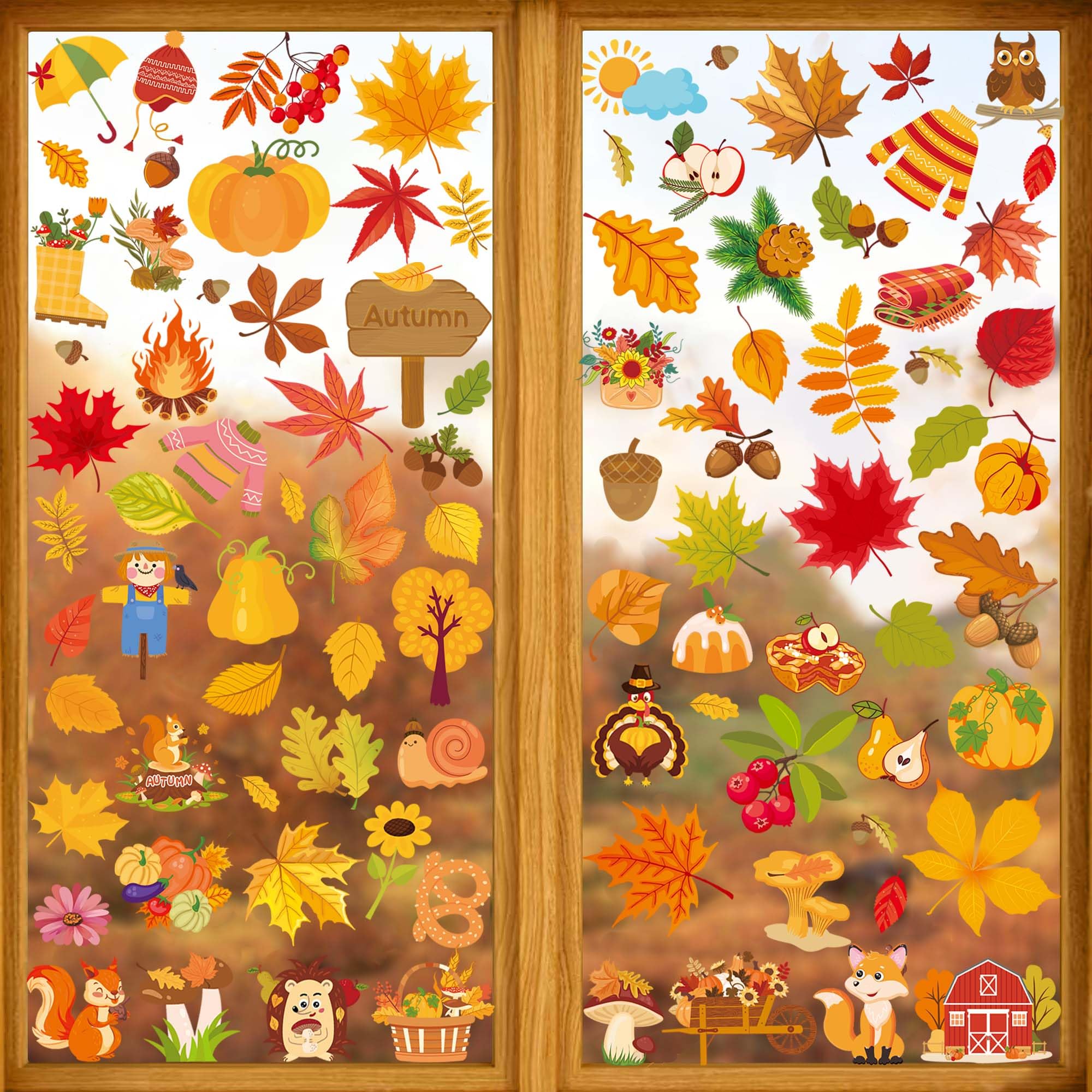 Herbst-Fensterbilder Set – 12 Bögen Mit Mäusen, Kürbissen & Blättern, Statische Aufkleber Für Glas
