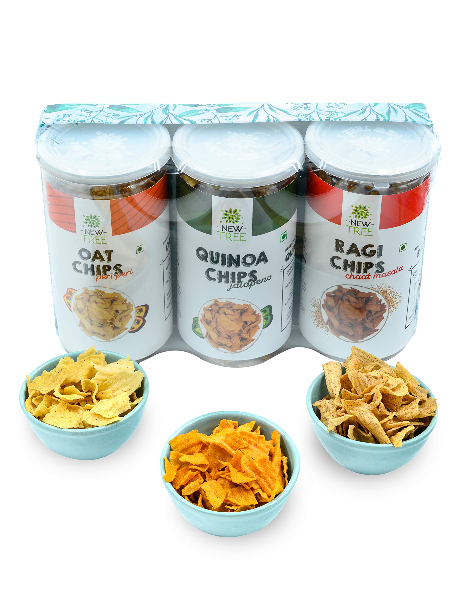 New Tree Gift Hamper,The Healthy Chips Combo Ii Oats Chips Peri Peri-225Gm Ii Ragi Chips-Chaat Masala-225Gms Ii Quinoa Chips Jalepeno- 225Gms Ii Total Weight-675Gms