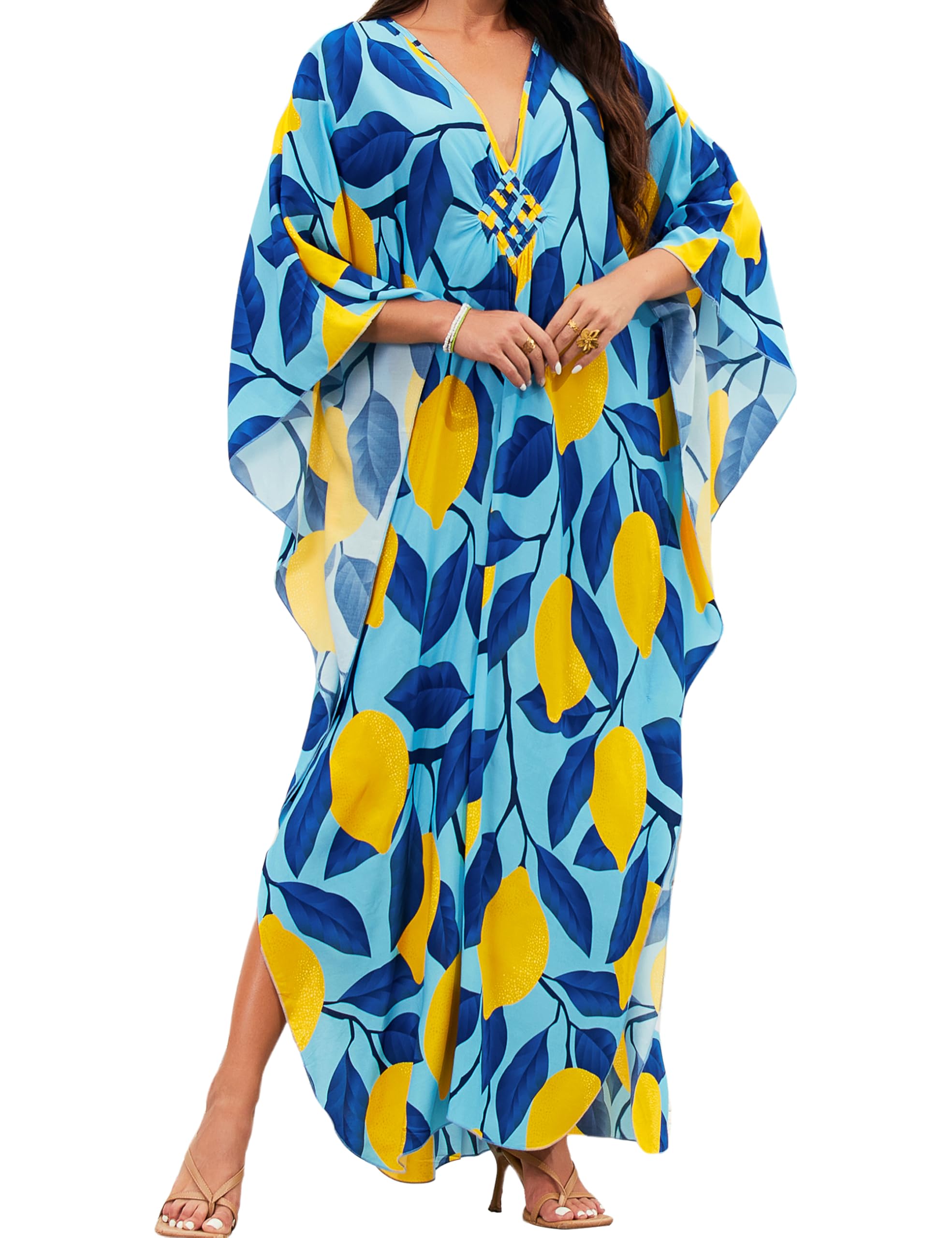 MAKABO Kaftan Dresses for Women V Neck Moo Moos Colorful Print Cover Ups | 100% Viscose Soft Skin Friendly, Breathable, Caftan Beach Dresses for Swimwear, Multi Pattern, Great Party Choice