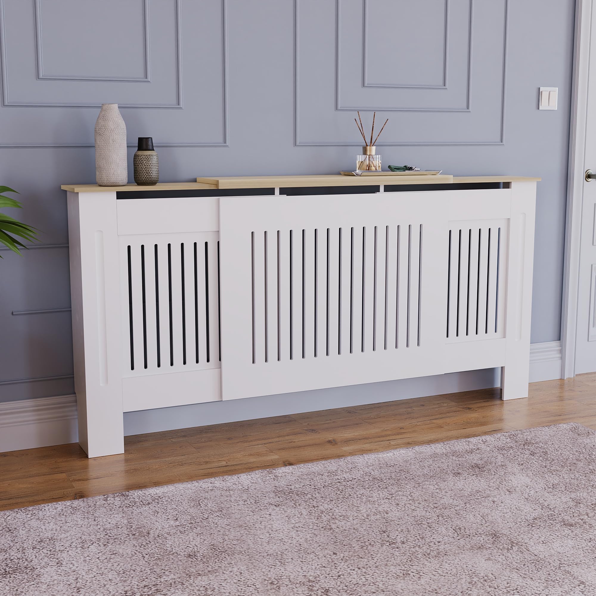 Vida Designs Arlington Heizkörperabdeckung Weiß Verstellbar Modern Shaker Style Vertical Slat H83xW140-204xD19cm Lackiertes MDF