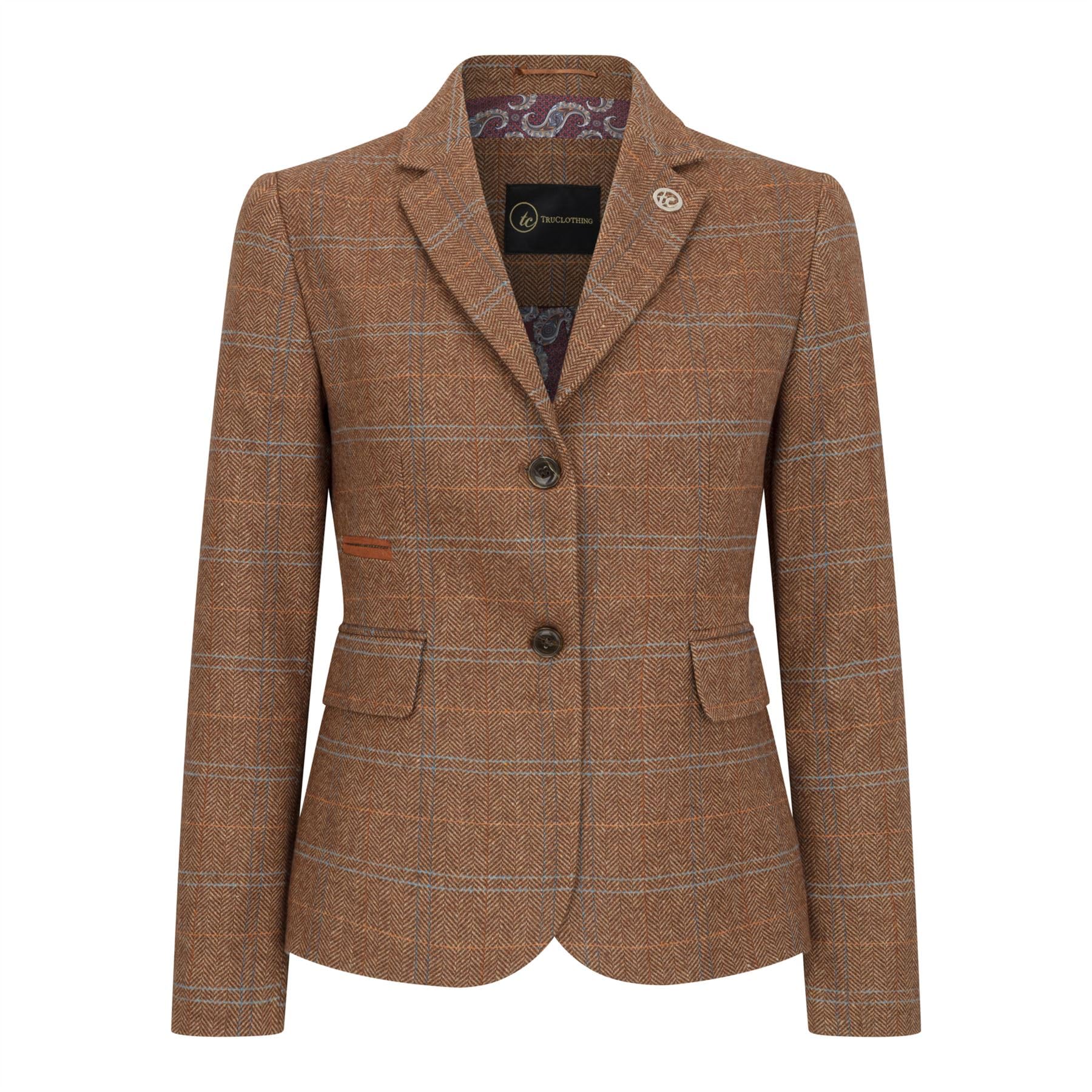 Truclothing Women's Oak-Blazer Oak Brown Wool Blend Tweed Herringbone Checkered Blazer - Oak 18