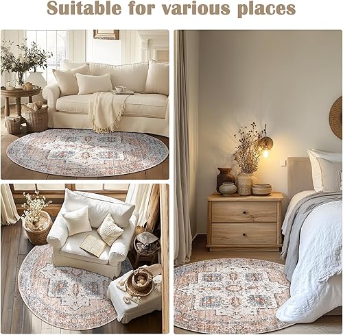 Miniatura 3 de jinchan Alfombra redonda de 4 pies, lavable a máquina, diseño floral vintage de 4 pies, antideslizante, con parte trasera de goma, alfombra