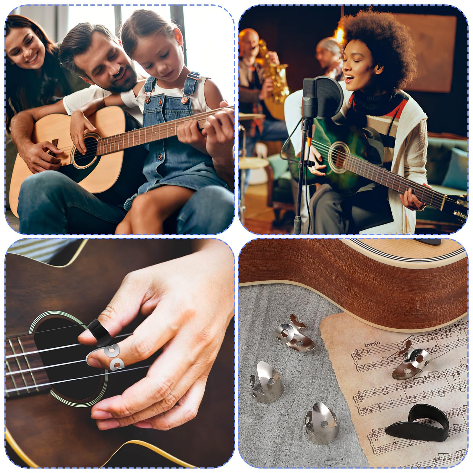 6 plettri per chitarra da dita: in metallo, plettro regolabile per basso con acciaio inossidabile e plettro per il pollice, per chitarra, banjo e altri strumenti