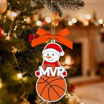 4.3 Inches Snowman Basketball Christmas Ornament,Wooden Basketball Snowman Tree Ornament Hanging Decoration for Rearview Mirror, Window, Eaves, Fireplace and Home Holiday Party Decor