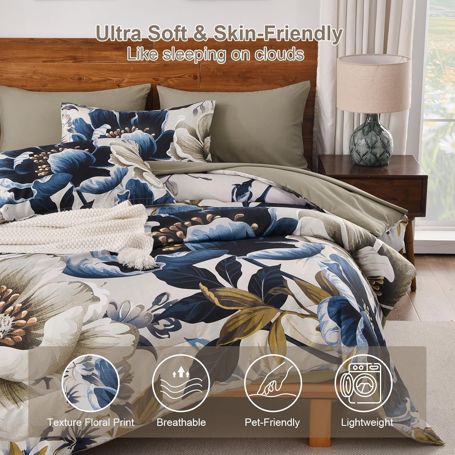 Dintszyayue Brown Comforter Set King Size, 7 Pieces Floral Bed in a Bag Set, Texture Blue Flower Bedding Sets, Soft Microfiber for All Season with Flat Sheet Fitted Sheets Pillowcases and Shams - Image 4