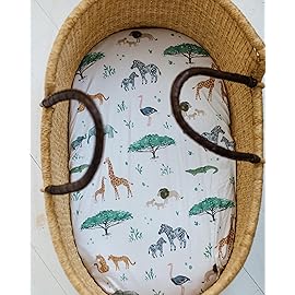 Baby Bassinet Sheets for Boy, Girl (Safari Adventures) 2-Pack - Fitted Bedside Bassinet Sheets - Buttery Soft Cotton Blend for Standard Mattress Pad - Compatible with Halo BassiNest