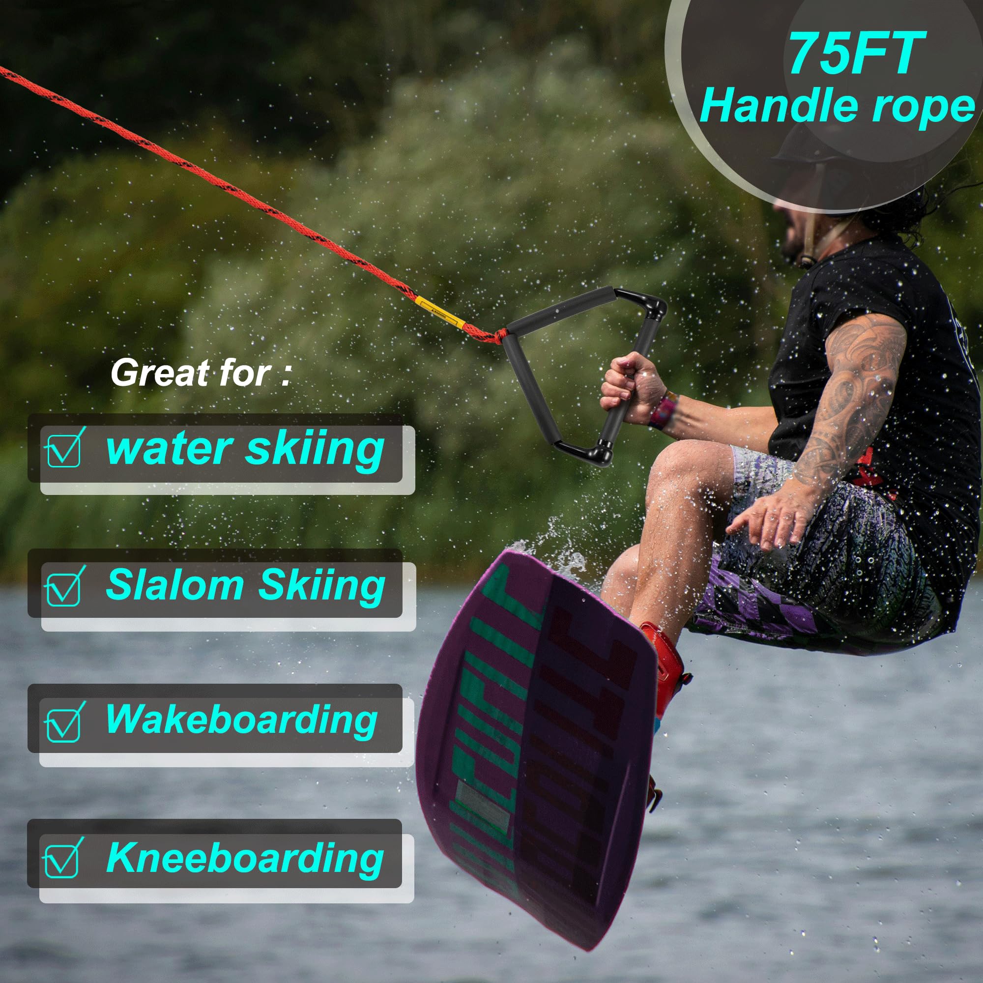 2,5 m Wasser-Seil, Wakeboard-Seil, 4 Abschnitte mit 31,5 cm ergonomischem EVA-Griff, schwimmender Griff, 1–2 Reiter-Schlauch-Abschleppseil für Schläuche – Bootsabschleppseil für Kniebrett