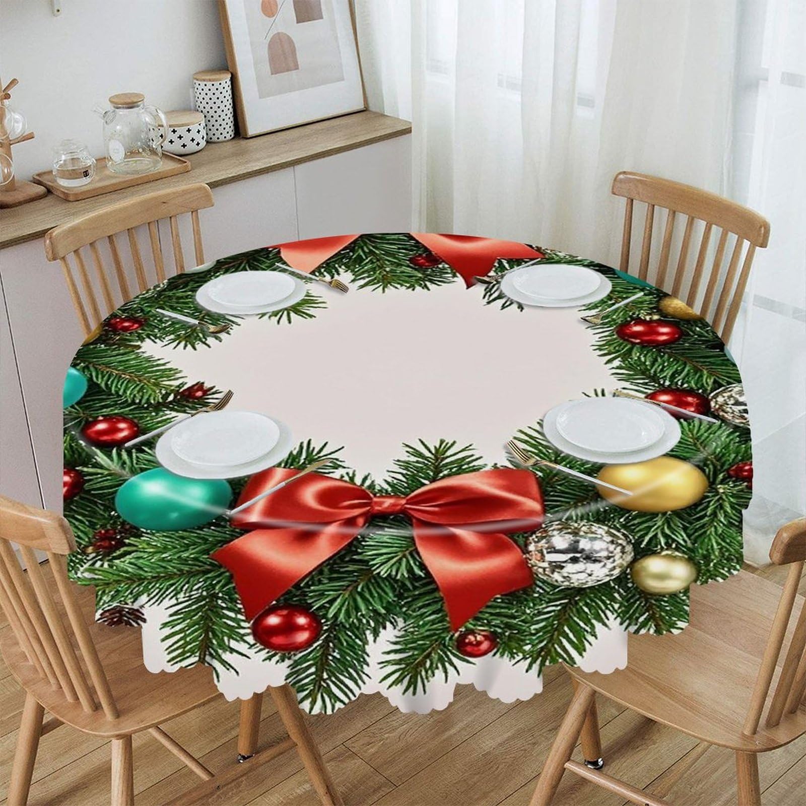 FekiLoot Christmas Wreath of Evergreen Branches Round Tablecloth 60 Inch Waterproof Heavy Duty Table Cloth Spillproof Washable Table Cover Wrinkle Resistant Tablecloths Decorative Table Cloths