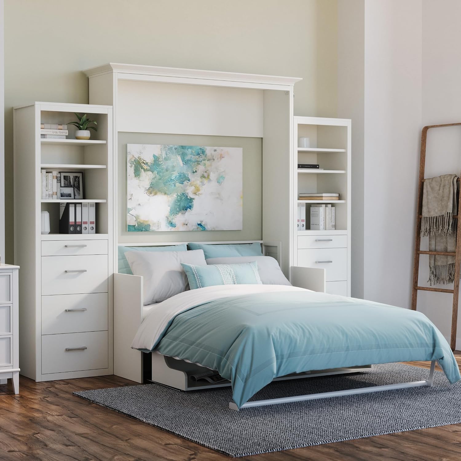 Xtraroom Alegra Queen Murphy Bed with Desk and 2 Storage Cabinets | Engineered and Solid Wood Construction - No Melamine Used | Queen Size Murphy Desk Bed Combo Perfect for a Home Office (White)
