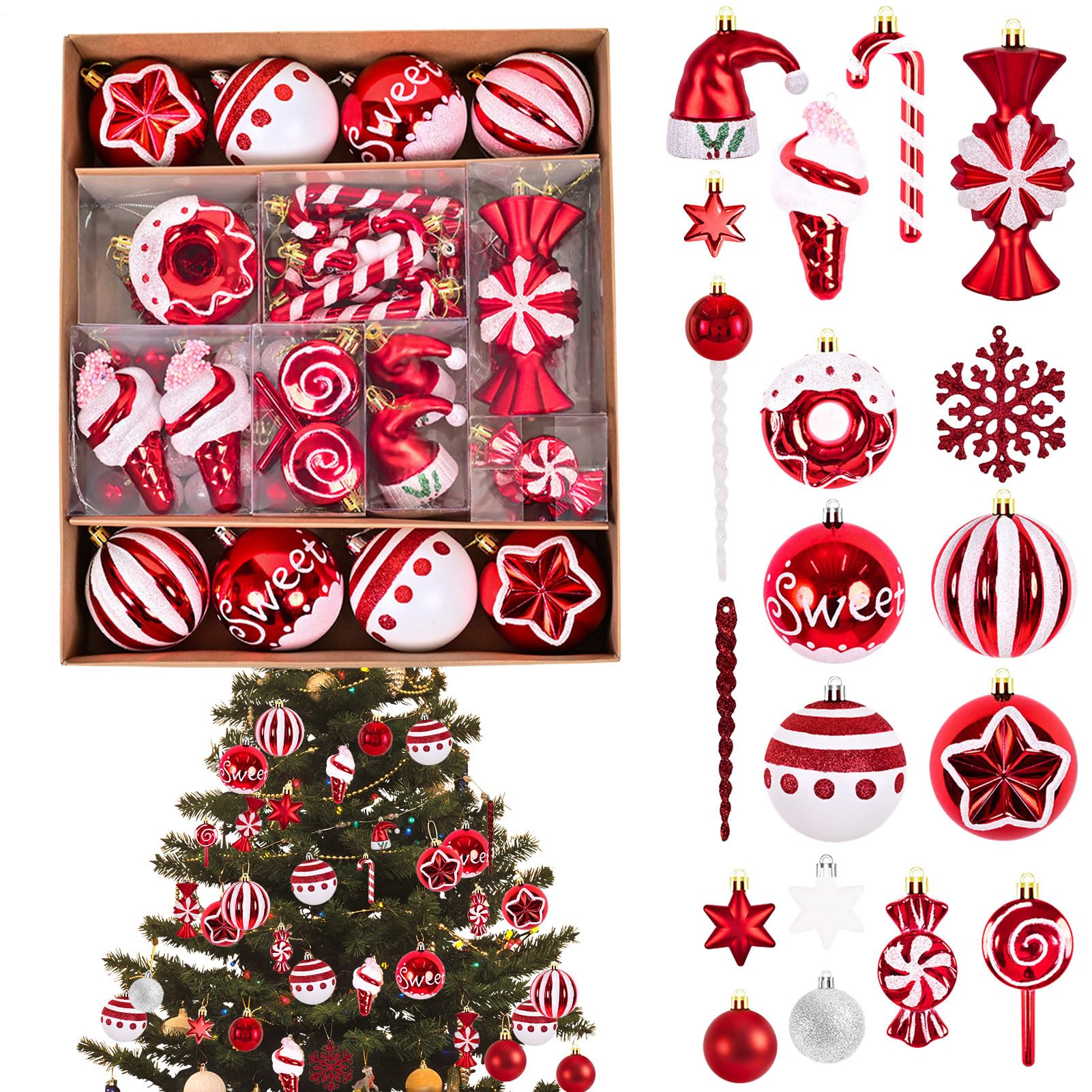 Weihnachtskugeln Dekoration - 78 Stücke Rote Und Weiße Partydekoration - Weihnachtskugel Dekoration Für Den Weihnachtsbaum | Für Wand Fenster Tür Innenbereich Außenbereich Kamin