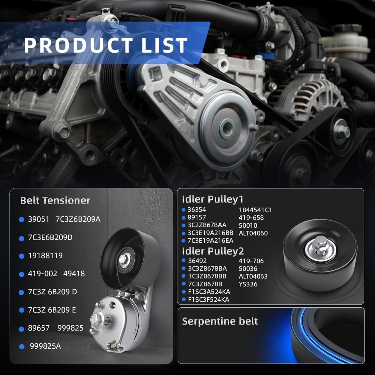 Serpentine Belt Tensioner Pulley Kit for Ford F-250 Super Duty V8 6.4L 2008-2010, for F-350 Super Duty V8 6.4L 2008-2010, 39051, 7C3Z6B209A, 7C3E6B209D, 36354, 36492