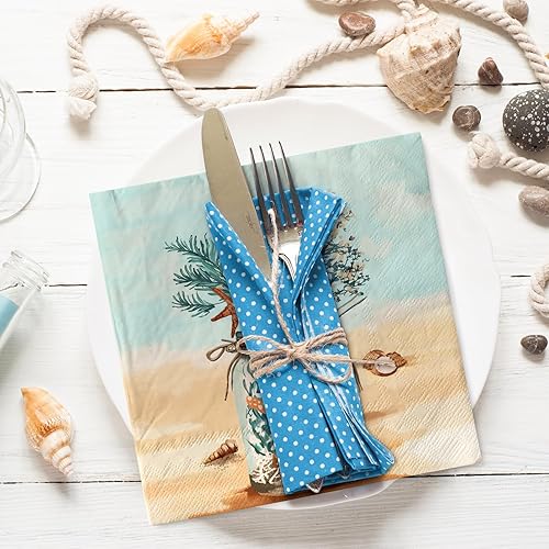 Miniatura 4 de Paquete de 80 servilletas de papel de playa desechables con estrellas de mar en orilla del mar, tarros de coral masón de postre, servilletas de mano