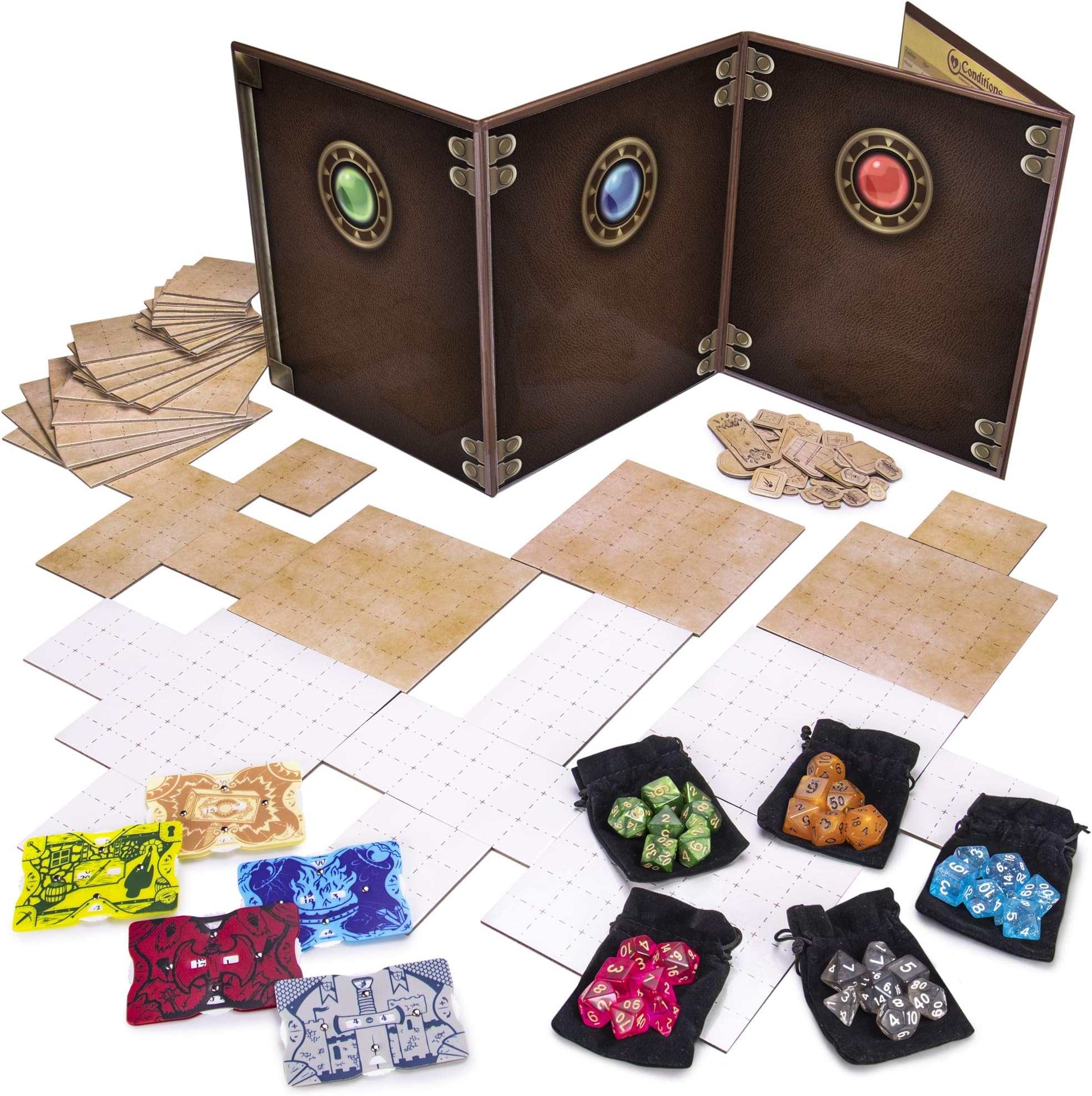 Game Master Essentials: Roleplaying Starter Kit | Customizable GM Screen, 44 Reversible Map Tiles, 5 Character Health Trackers, 5 Polyhedral Dice Sets | Tabletop Fantasy Game Beginner Accessories