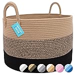 OrganiHaus Large Woven Storage Basket for Blankets and Toys 20 x 13 Inch, Rope Laundry Basket with Handles, Cushions & Pillows Storage Bin, Nursery Hamper, Soft Round Dog Toy Bin - Brown/Black