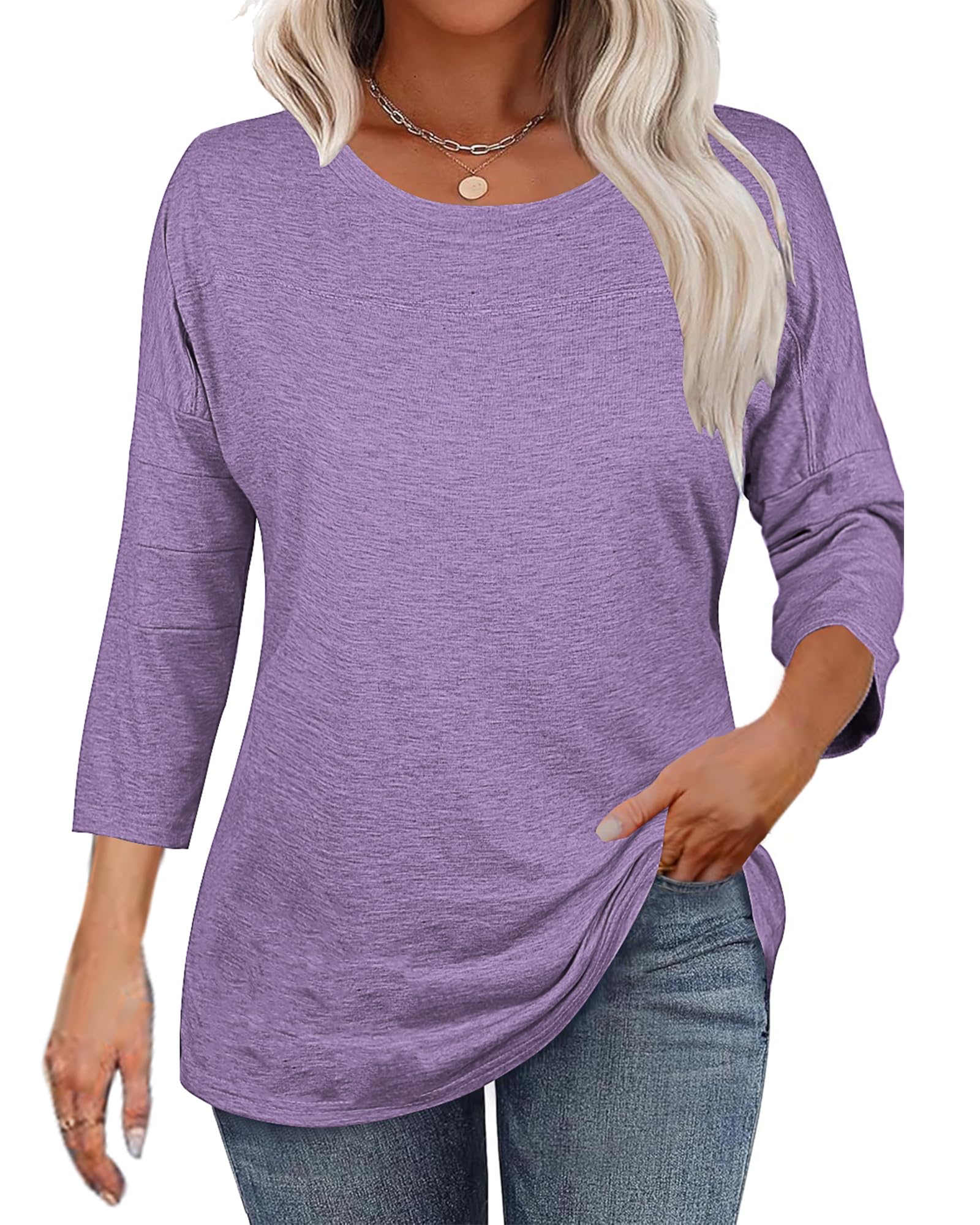 Bluetime Women Round Neck 3/4 Sleeve Tops Casual Loose Tunic Tops Solid Color Summer Fall Basic Shirt Blouses