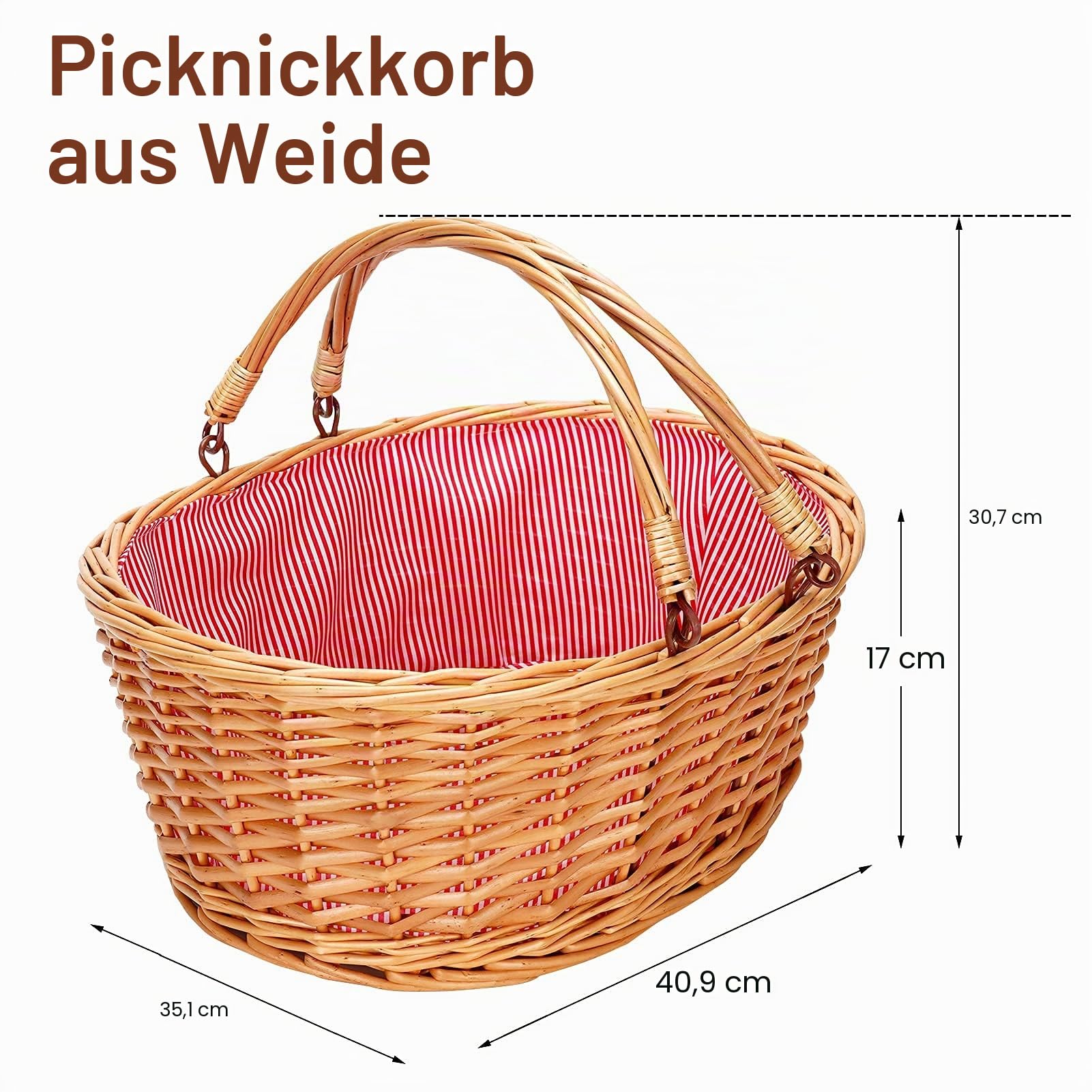Picknickkorb aus Weidengeflecht mit doppelten, klappbaren Griffen, leerer Korb, günstige Ostereier, Süßigkeiten-Aufbewahrung, Blumen, Hochzeitsgeschenke (rot gestreift L)