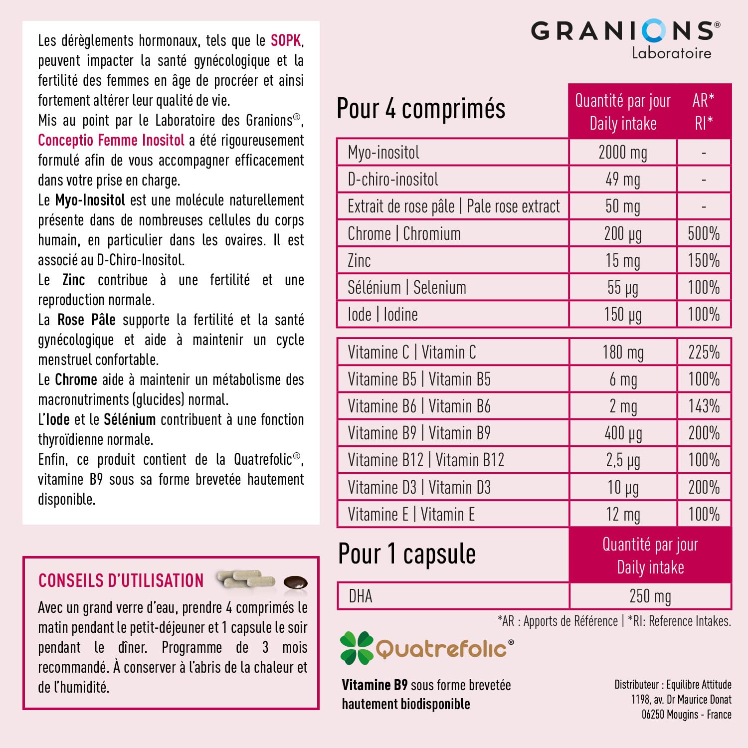Conceptio Femme INOSITOL - MYO Inositol - Femmes Atteintes SOPK - Fertilité Femme - Acide Folique Grossesse - Vitamine D, B12, B6 Chrome, Iode - 120 Comprimés, 30 Capsules- 1 Mois- GRANIONS