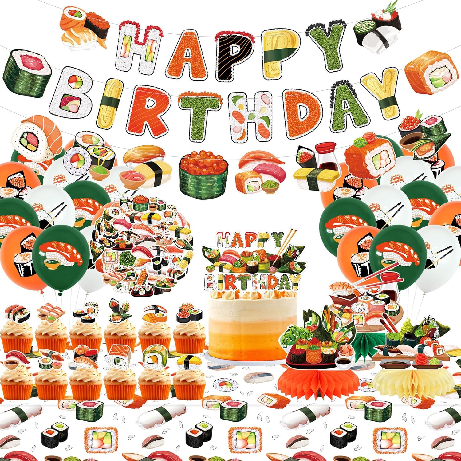 Sushi Birthday Party Decorations ,Includes Happy Birthday Banner, Cake Toppers, Hanging Swirls, Balloons,Stickers, for Sushi Themed Party Supplies