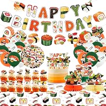 Sushi Birthday Party Decorations ,Includes Happy Birthday Banner, Cake Toppers, Hanging Swirls, Balloons,Stickers, for Sushi Themed Party Supplies