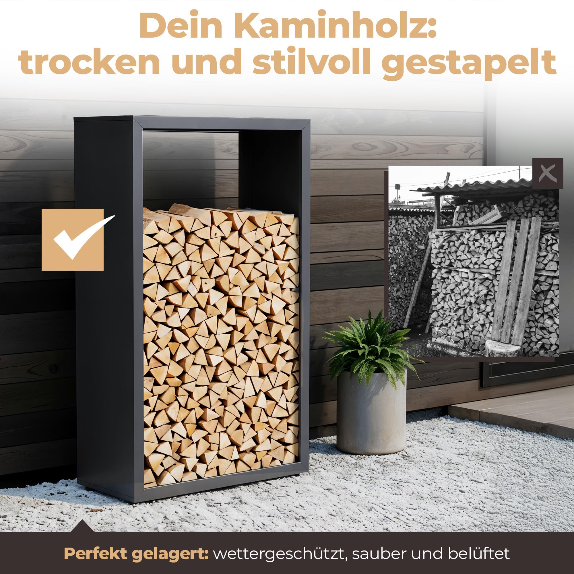 Kaminholzregal Metall [RAL 7016] Kaminholz-Regal für außen & innen - wetterfeste, moderne Brennholz-Stapelhilfe für stabile Holzaufbewahrung Holzlager mit Stellfüßen (90 x 145cm)