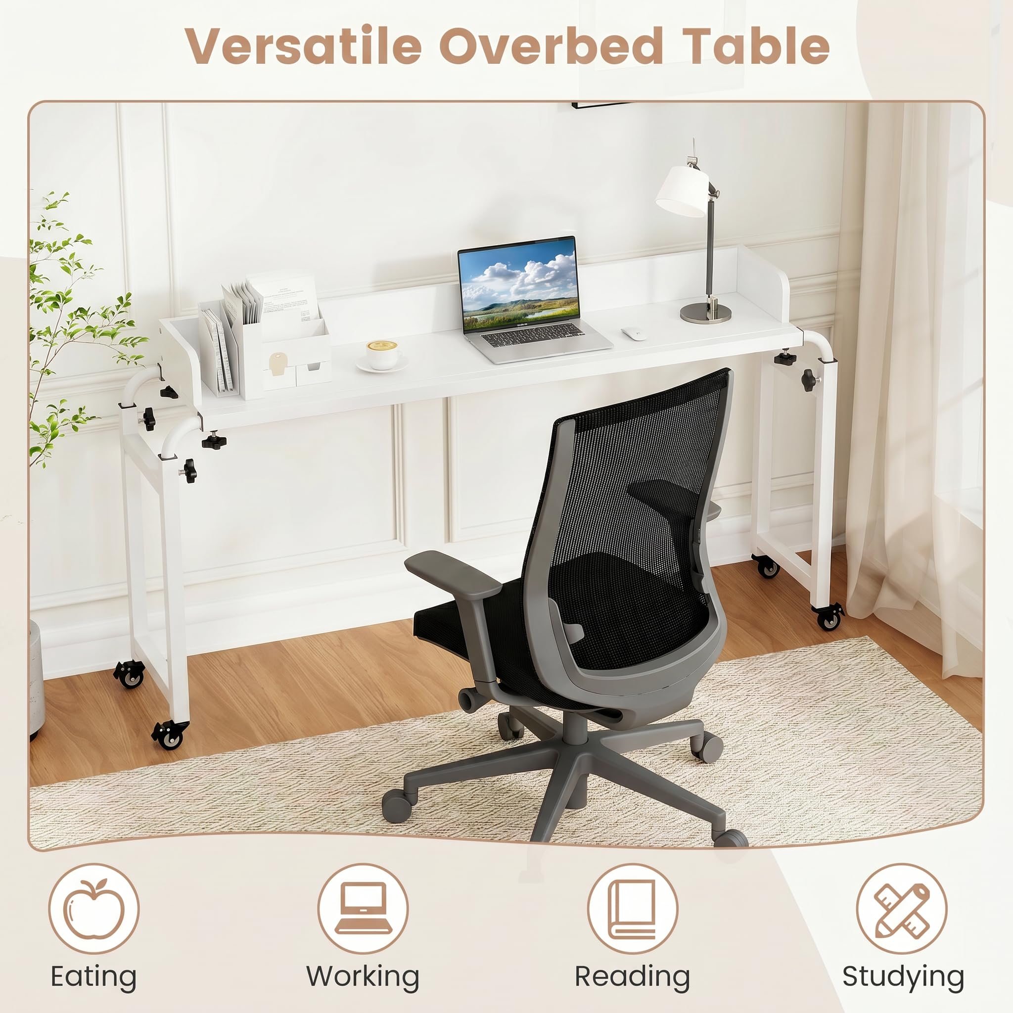 GIANTEX Mesa de cama con 4 ruedas, mesa de ordenador portátil con altura y longitud ajustables, 135,5-206 x 40 x 73,5-102,5 cm, mesa de aseo, mesa para ordenador portátil, para dormitorio, estudio