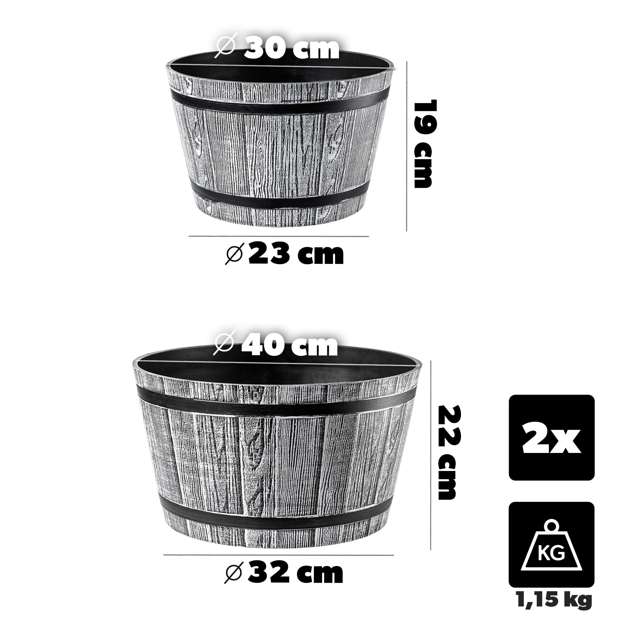 KADAX Grandi Vasi a Forma di Barile per Piante da Esterno, Vasi Decorativi in Plastica dall'Aspetto Naturale di Legno (Grigio Chiaro, Set di 2: 30 e 40 cm, ca. 10-25L)