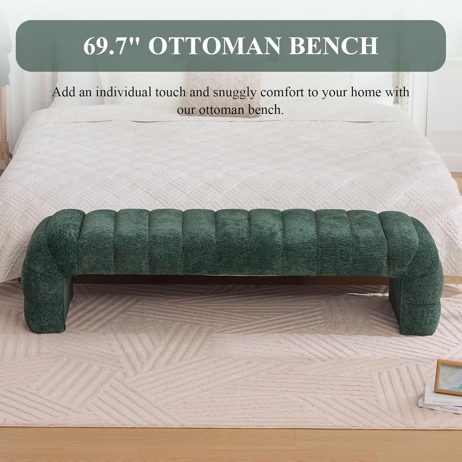 NIOIIKIT 69.7" Ottoman Bench, Teddy Upholstered Queen Size End of Bed Bench, Channel Tufted Entryway Bench with Cushion, Long Bedroom Bench, Window Bench Seat for Entryway, Living Room (Green)