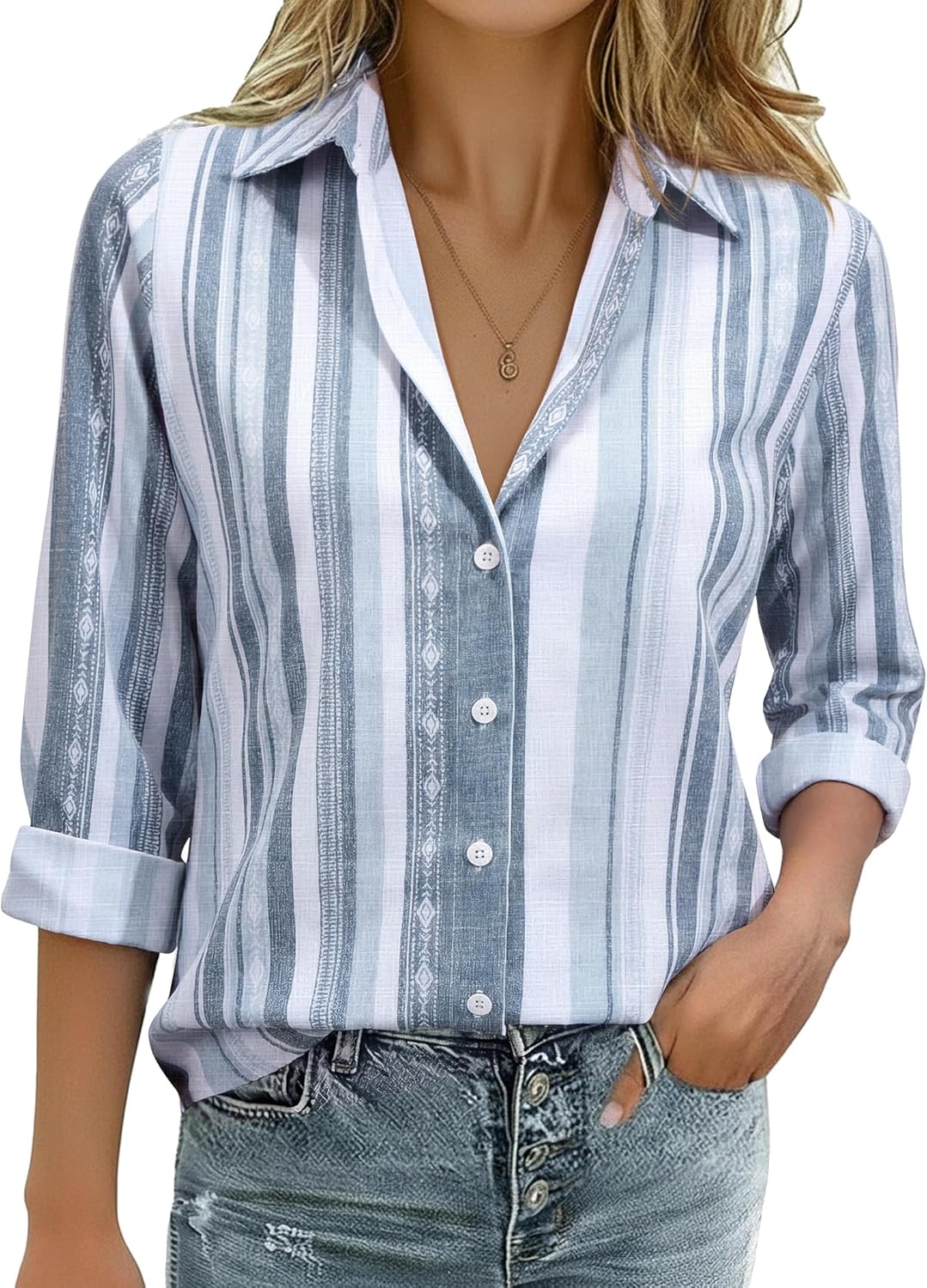 Linen Shirts for Women Button Down Shirts Long Sleeve Collared Blouses Striped Casual Work Tops Cowgirl Western Outfits