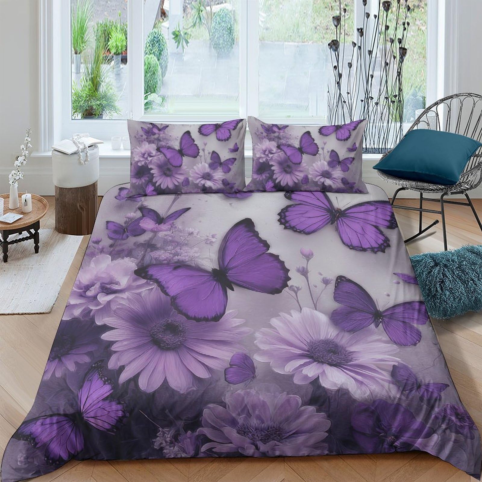 TUFRTGYHN 3D Printed Purple Butterfly Floral Duvet Cover Set Microfiber Soft Breathable Bedding Set with 2 Pillowcases for Bedroom Decoration Single（135x200cm）