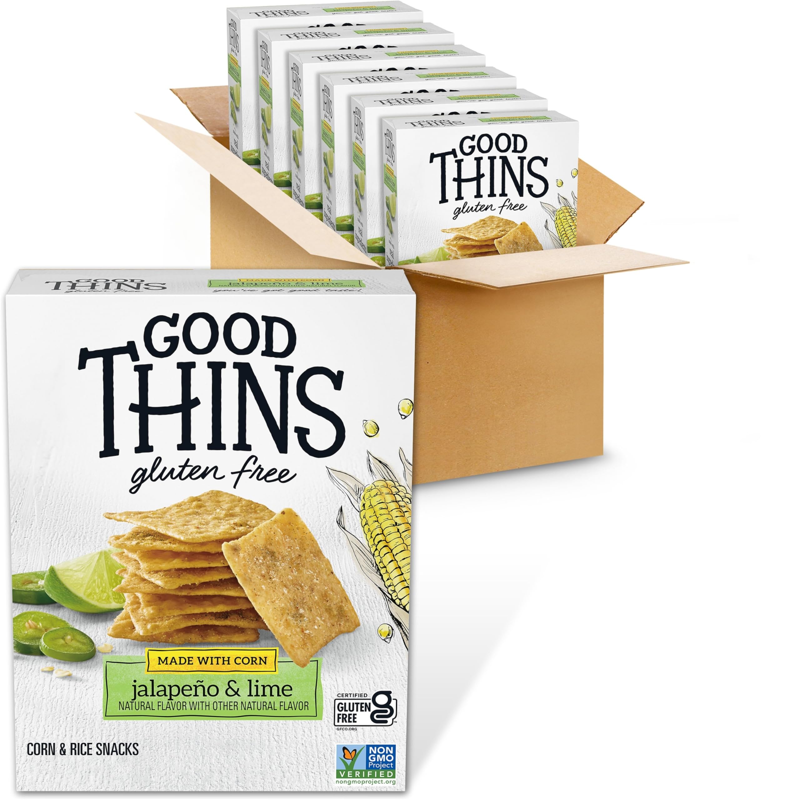 Good Thins Jalapeño & Lime Corn & Rice Snacks Gluten Free Crackers, Bulk Snack Crackers, 6 - 3.5 oz Boxes