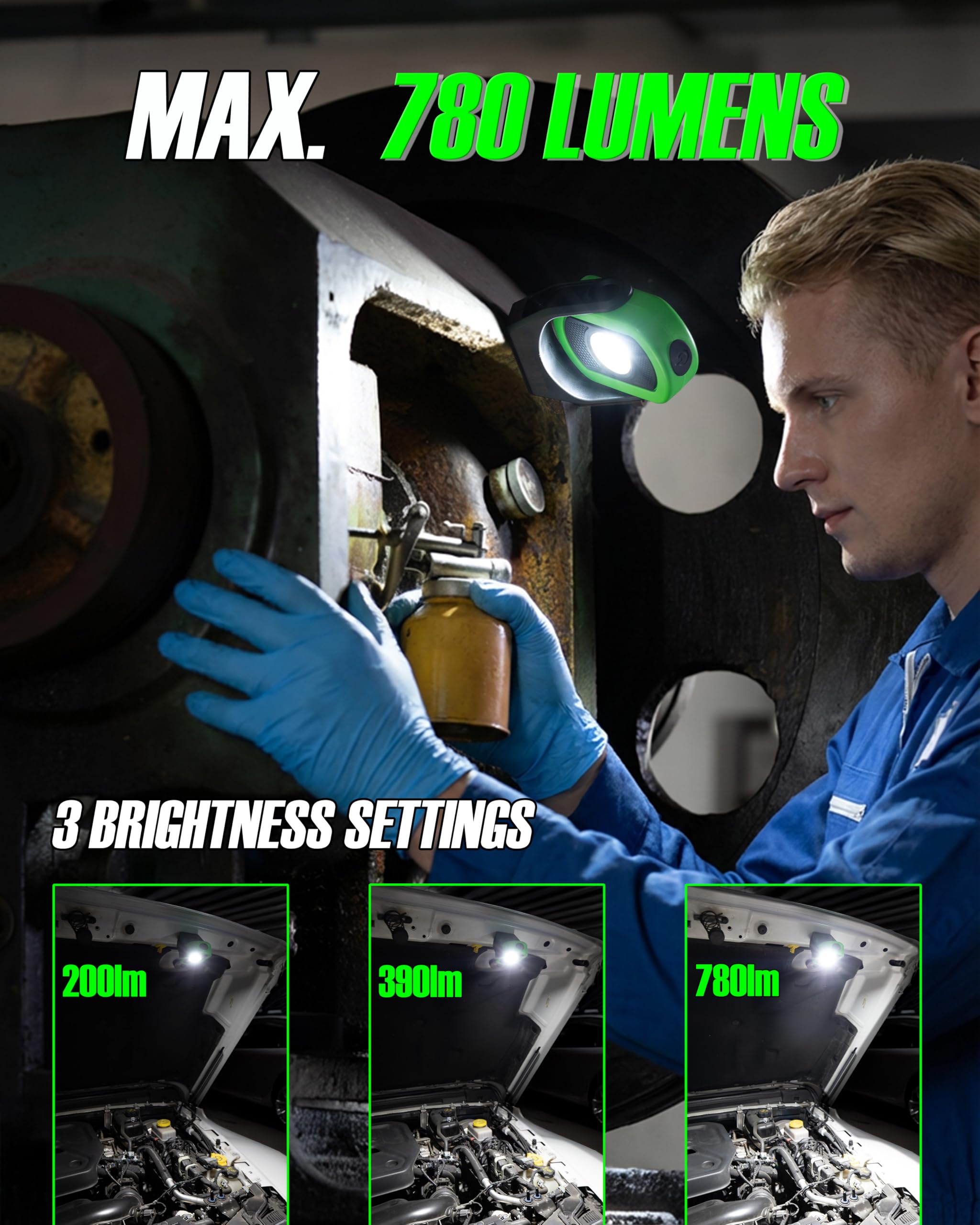 Arbeitslicht, magnetisches Licht mit 3 Modi und 360° Rotation, wiederaufladbares Mini-Taschenlicht mit 780 lm für Mechaniker, Arbeitsplätze und Notfall (Grün)